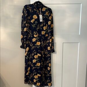 Reformation Navy and Yellow Floral Long Sleeve Dress